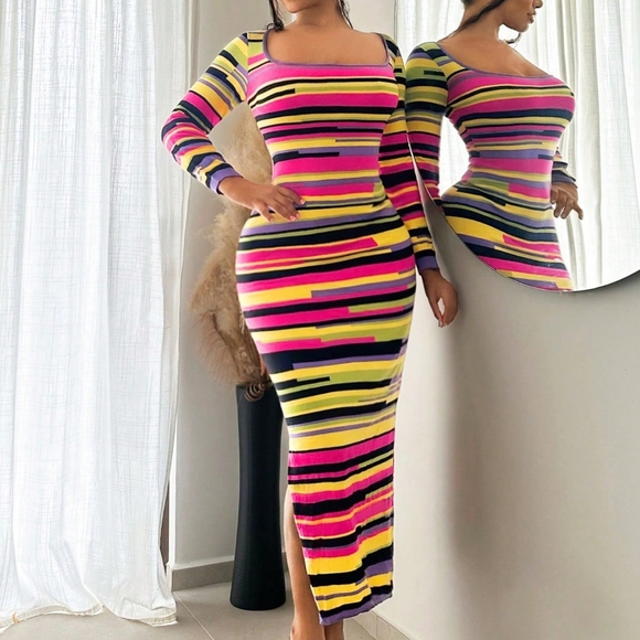 Colorful Knitted Knit Long Turtleneck Sweater Dress, Autumn And Winter - Picture 3 of 5